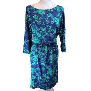 WOOLOVERS Blue Floral Long Sleeve Dress Sz M Stretch Knit‎ Comfort Office Work